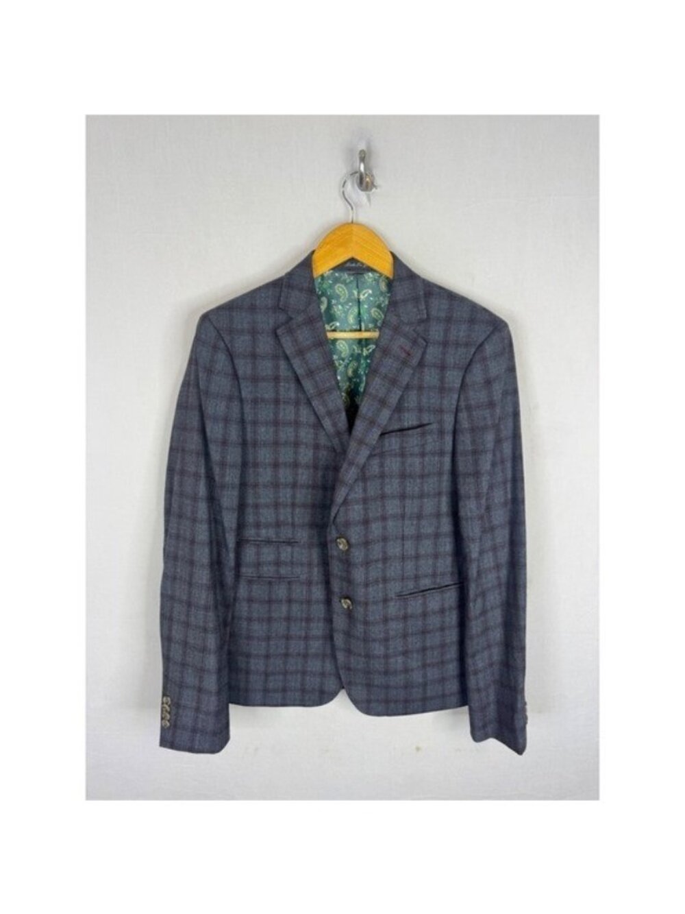 Indochino Mens 40R Grey Burgundy Plaid 100% Wool Blazer Green Paisley Lining